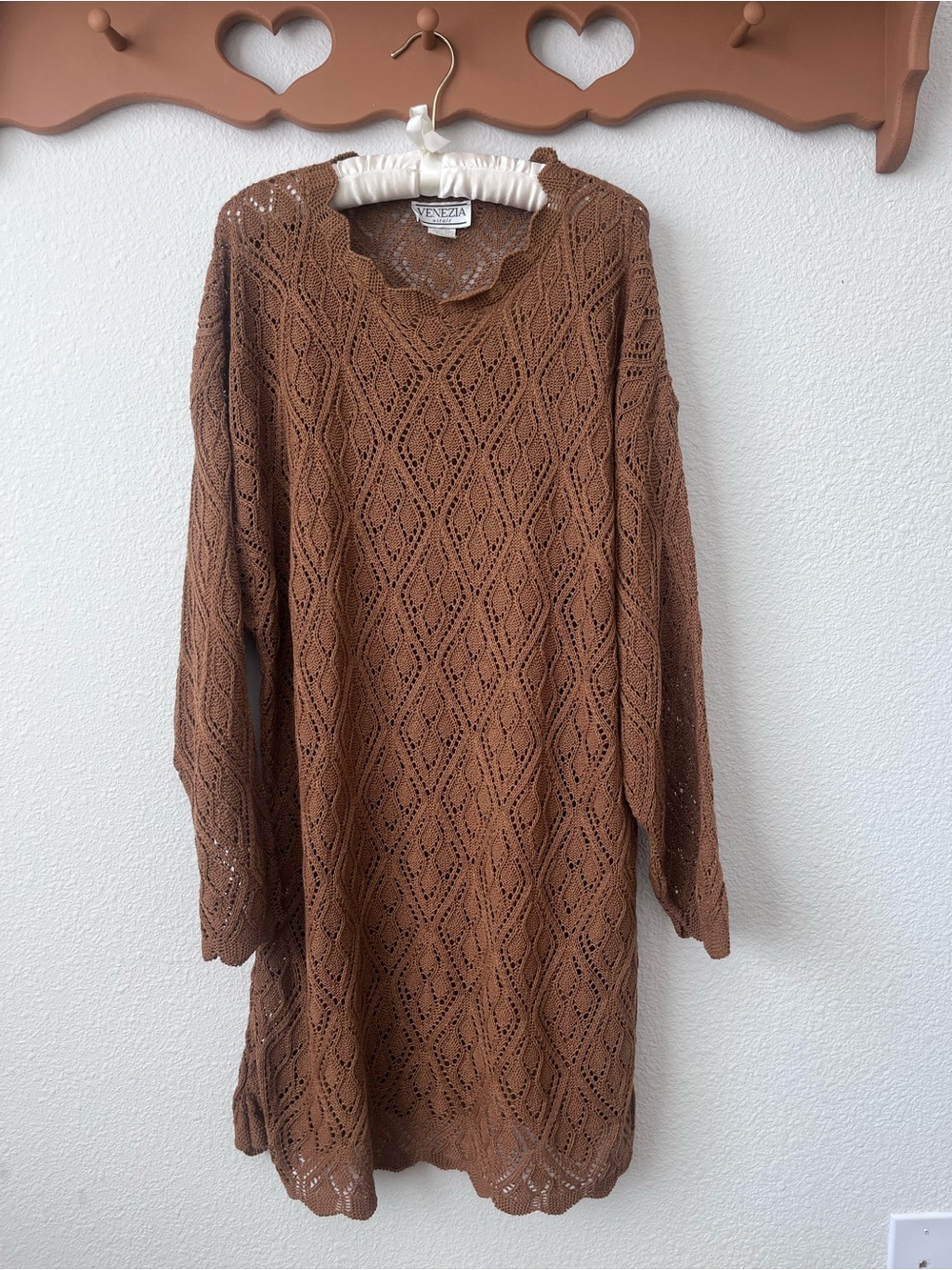 Venezia Chestnut Brown Crochet Long Sleeve Dress